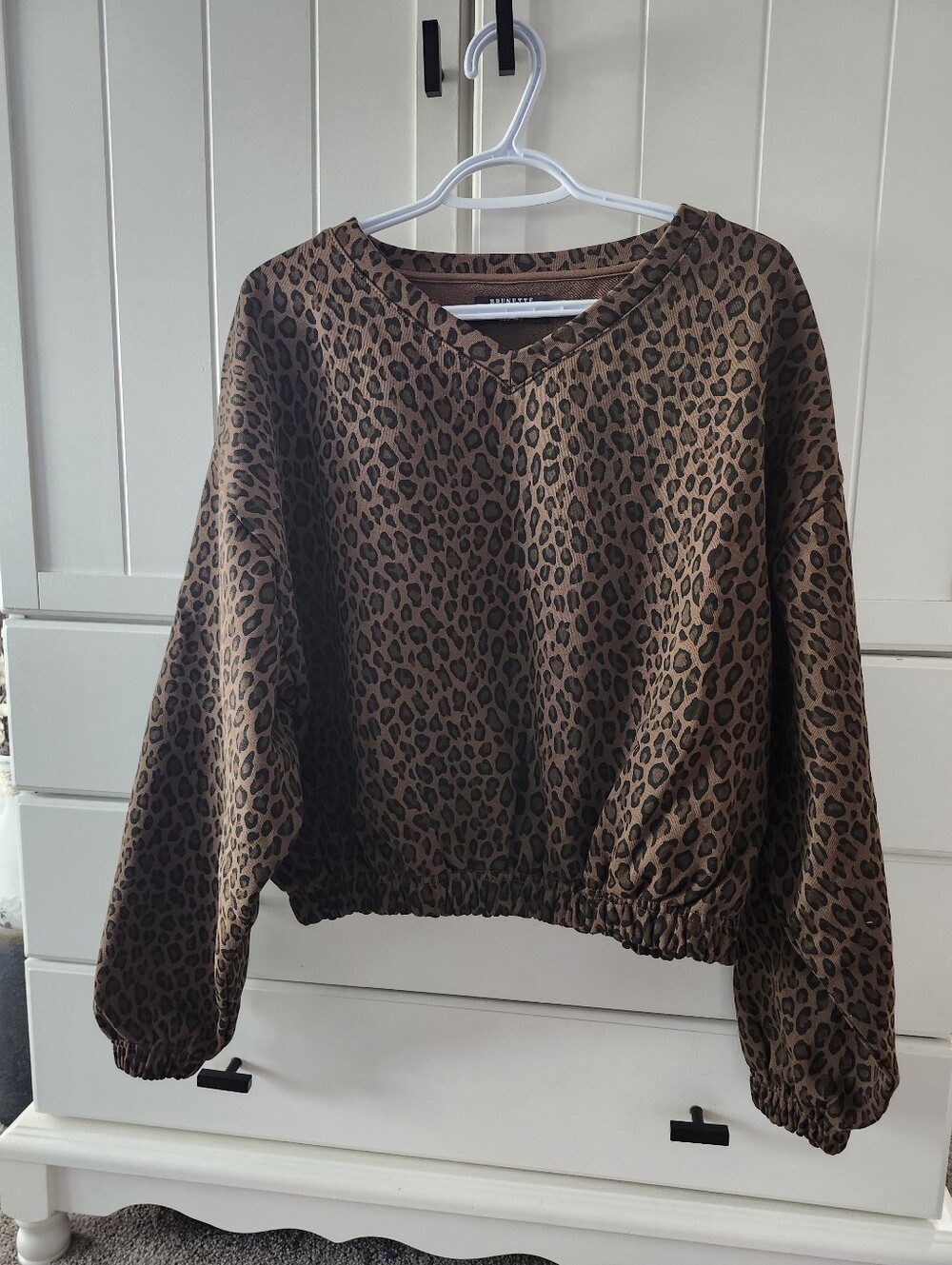 Brunette The Label Cotton Leopard Print Brown V-Neck Pullover Top Oversized Xs